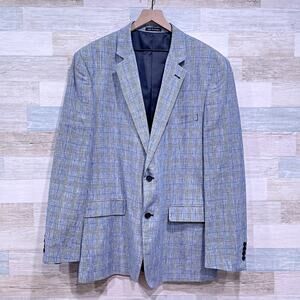 Jones New York Linen Cotton Blend Summer Sport Coat Blue Glen Check Mens 46L